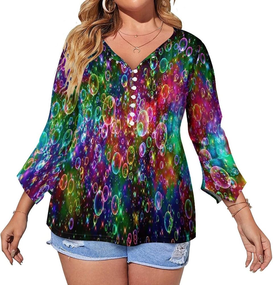 Fantasy Rainbow Color Bubble Cute Womens T-Shirts 3/4 Sleeve Button Down Tee Tops Blouse Summer Beach