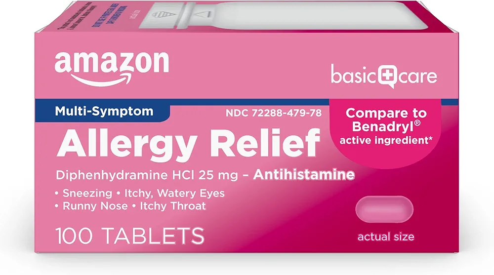 Amazon Basic Care Allergy Relief Diphenhydramine HCl 25 mg, Antihistamine Tablets for Symptoms Due to Hay Fever and Upper Respiratory Allergies, 100 Count