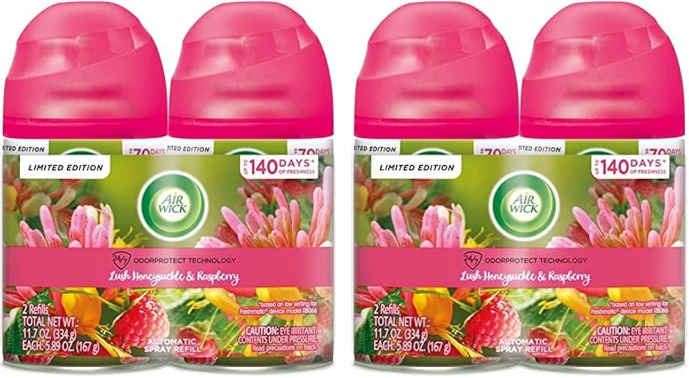 Air Wick Automatic Air Freshener Spray Refill, Lush Honeysuckle & Raspberry, Essential Oils, Odor Neutralization (Pack of 2)