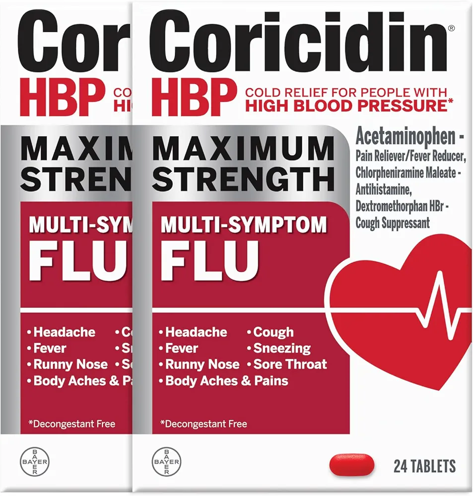 Coricidin HBP, Decongestant-Free Cold Symptom Relief for People with High Blood Pressure, Maximum Strength Multi-Symptom Flu Tablets, 48 Count (2x24ct)