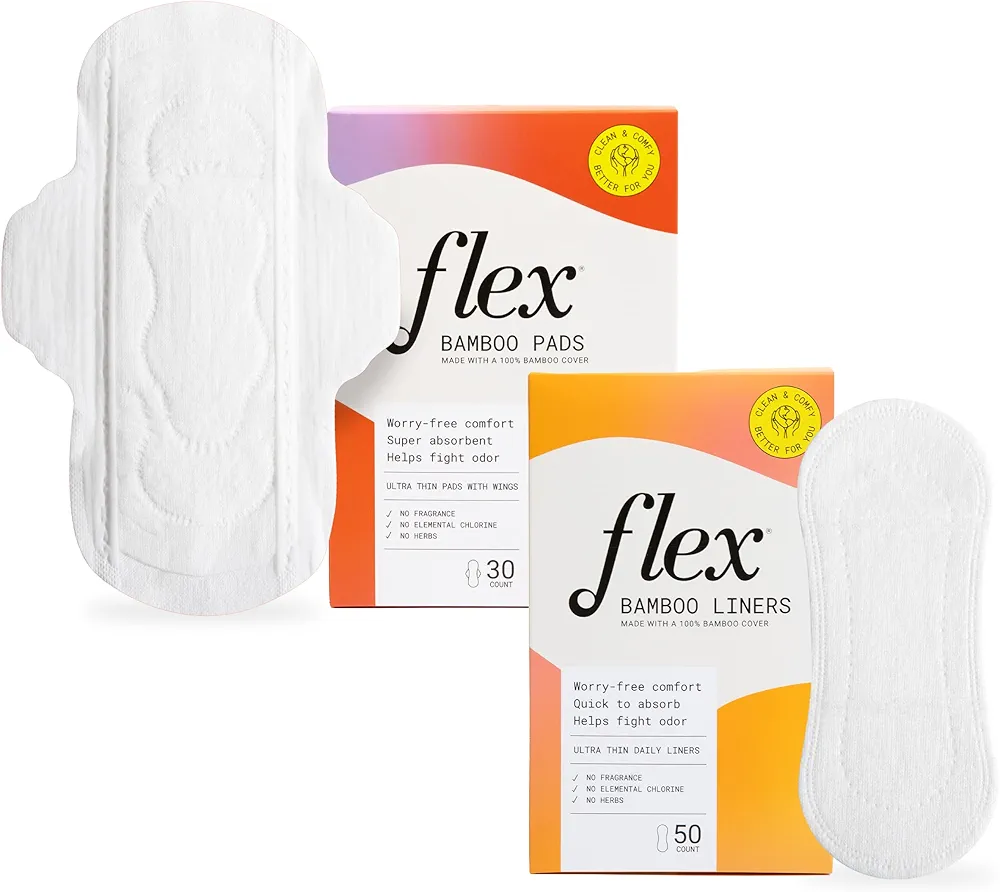 Flex Bamboo Pads (30 Count) and Flex Bamboo Panty Liners (50 Count) Bundle | Fragrance-Free Feminine Care Made with 100% Bamboo | Absorbent & Comfortable | Helps Fight Odor