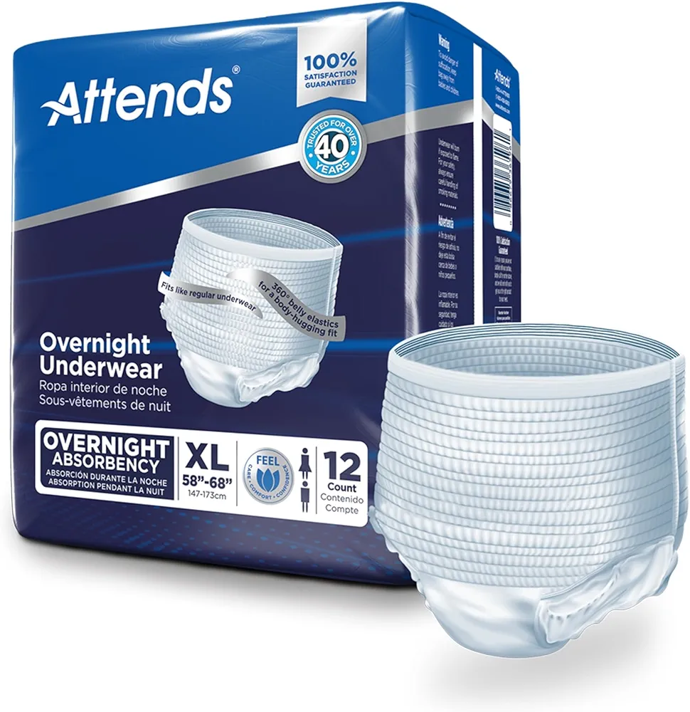 Attends Overnight Underwear for Adult Incontinence Care with ConfidenceCuff™ Protection, Overnight Absorbency, Unisex, X-Large, 12 Count (x4)