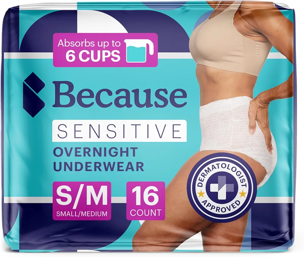 Because Adult Incontinence Underwear for Sensitive Skin - Women - Premium Overnight Disposable Briefs, Anti Odor - White, Small/Medium - Absorbs 6 Cups - 16 Count (Pack of 1)