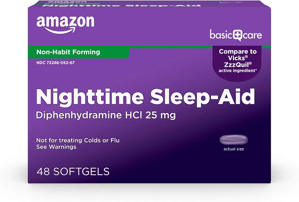 Amazon Basic Care Sleeptime Nighttime Sleep-Aid Softgels, Diphenhydramine HCl 25 mg, Relieves Occasional Sleeplessness, 48 Count