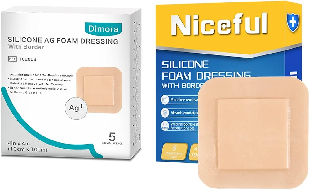 5 Packs Silicone Foam Dressing 4"x4" (2.5"x2.5" pad), 5 Packs Silver Foam Dressing with Adhesive Border,Ultra Absorbent Waterproof Wound Dressing