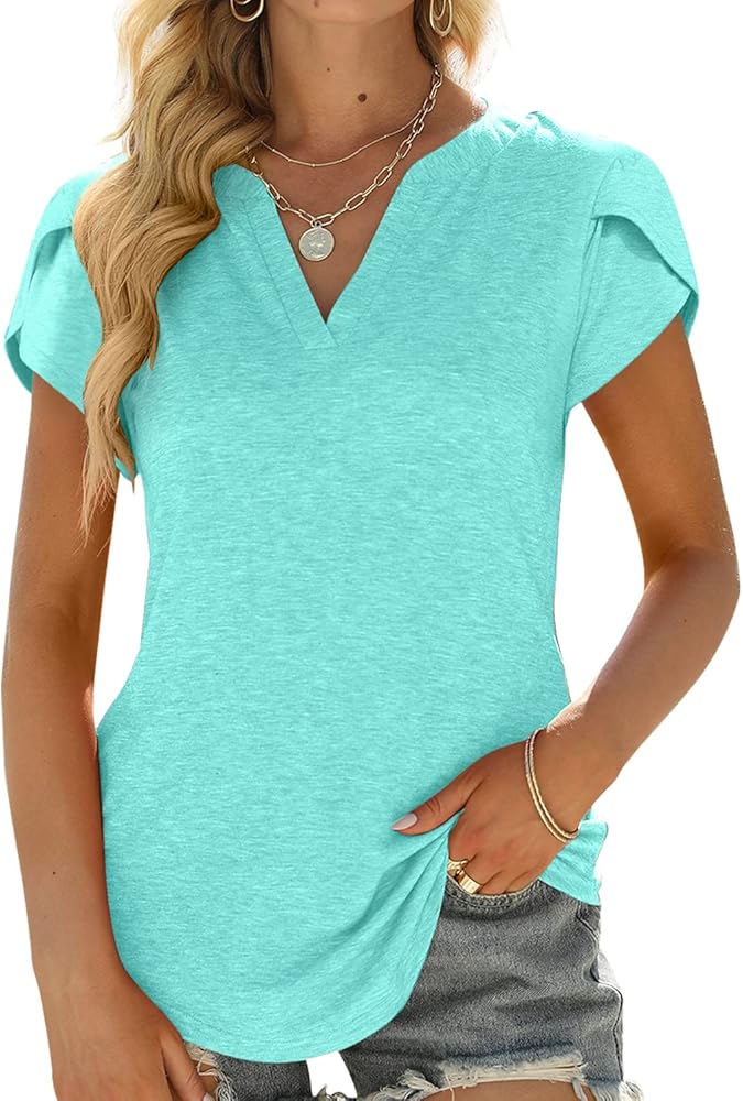 ALIMASHA Womens Tops V Neck Ruffle Short Sleeve Tshirts Tunic Summer Business Casual Tops Blouses for Women