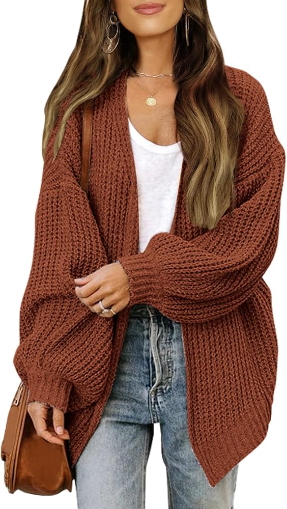 MEROKEETY Women's 2024 Fall Open Front Long Lantern Sleeve Cardigan Oversized Chunky Outwear with Pocket