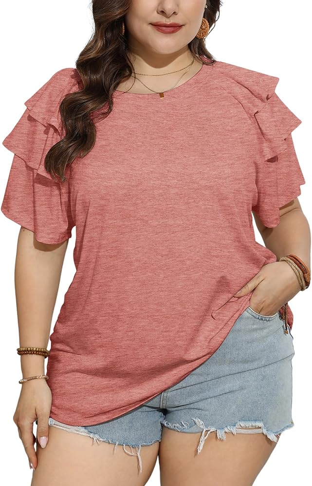 TAKEYAL Womens Plus Size Tops Ruffle Short Sleeve Crew Neck Solid T Shirts Casual Blouses Tunic Top 1XL-5XL