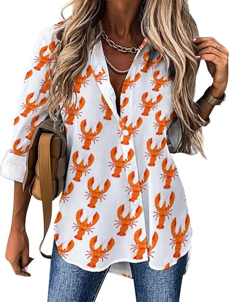 Cute Lobster Long Sleeve Shirts for Women Irregular Hem Button Down Blouse Loose V Neck Tees Top