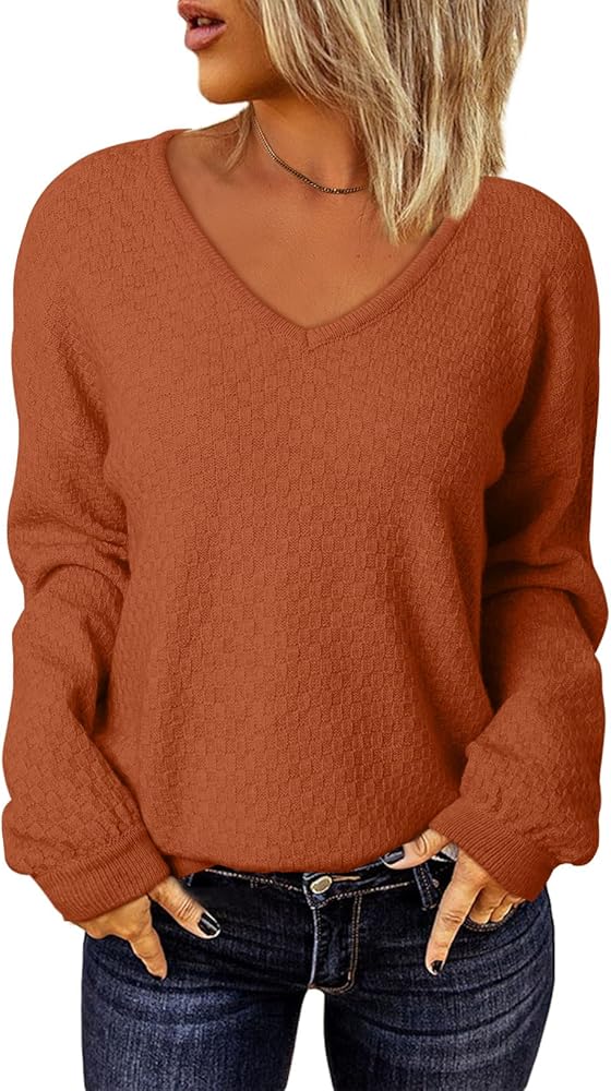 EVALESS Long Sleeve Sweaters for Women Fashion V Neck Waffle Knit Sweater Tops Fall 2024 Outfits Loose Jumper Pullover