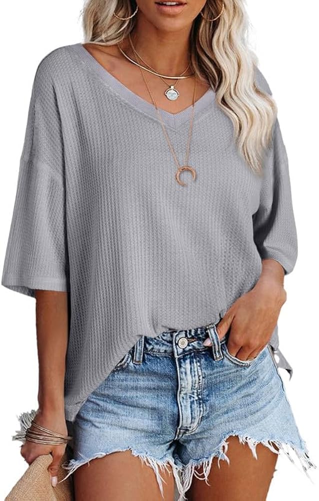 SHEWIN Women's Casual V Neck Waffle Knit Tunic Tops Batwing Short Sleeve Shirts Loose Blouses