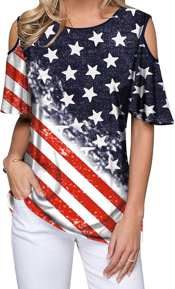 BANGELY American Flag Cold Shoulder Shirt Women 4th of July Patriotic Shirt Stars Stripes Short Sleeve Top Tees