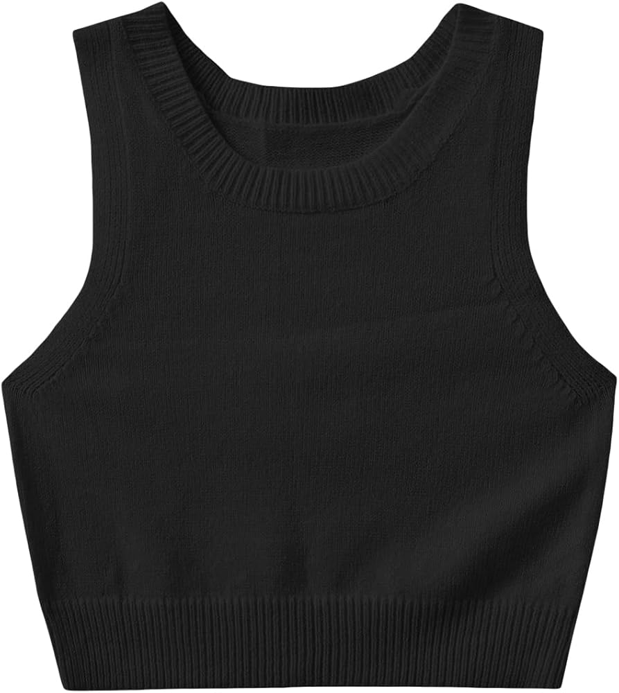 Verdusa Women's Round Neck Sleeveless Knit Sweater Vest Pullover Crop Tank Top Black XL