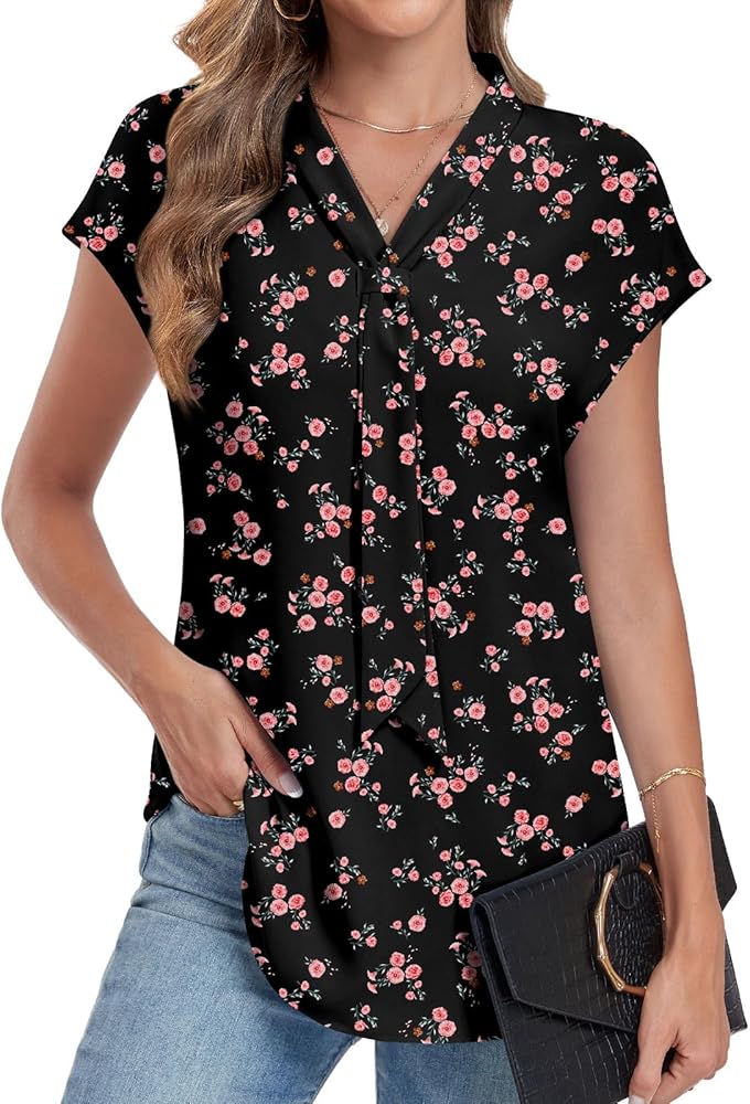 Anymiss Women's Summer Dressy Casual Chiffon Work Blouses Short Sleeve Tunic Tops Spring Shirts