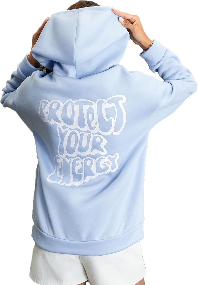 SweatyRocks Women's Long Sleeve Drop Shoulder Pullover Sweatshirt Graphic Letter Hoodie Drawstring Thermal Sweatshirt