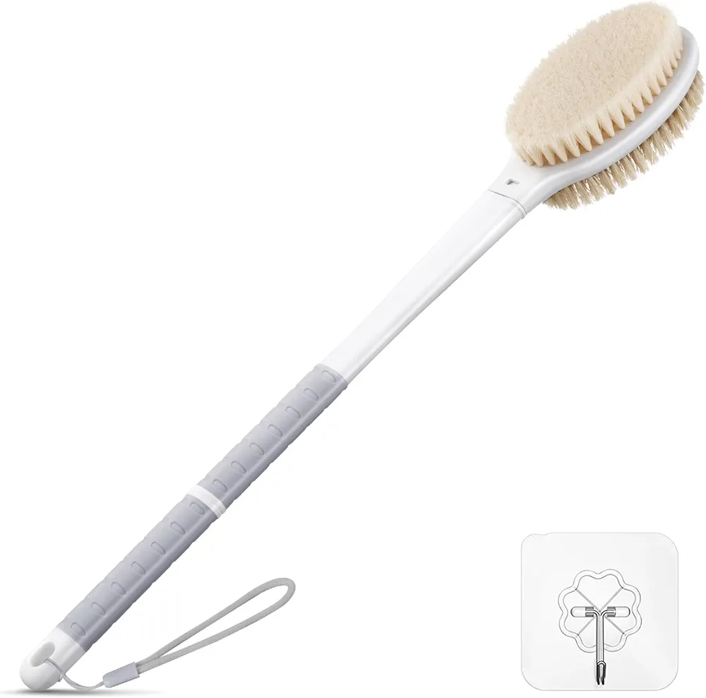 Back Scrubber Body Shower Brush: Anti Slip Long Handle Bath Brush with Stiff and Soft Bristles - Showering Exfoliator for Women, Men, Elderly (Grey)