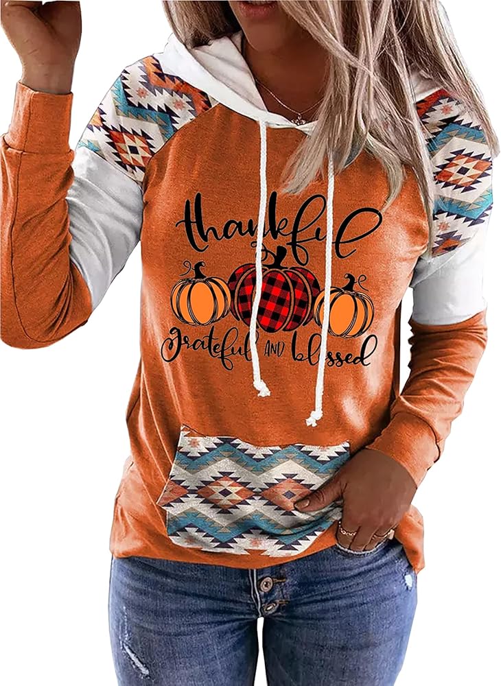 LLHXRUI Thanksgiving Thankful Grateful And Blessed Hoodies for Women Fall Plaid Pumpkin Pullovers Shirts Tops Blouses