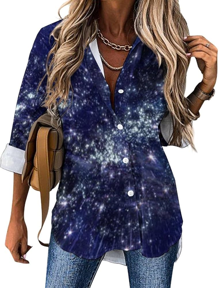 Galaxy Space Flight Classic Shirts for Women Long Sleeve Blouse Casual V Neck Tee Tops Work Office