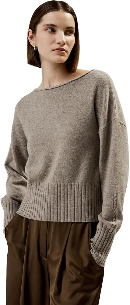 LilySilk Wool and Cashmere Blend Sweater for Women Pullover Boat Neck Braided Collar Casual Cable Knit Sleeve Warm