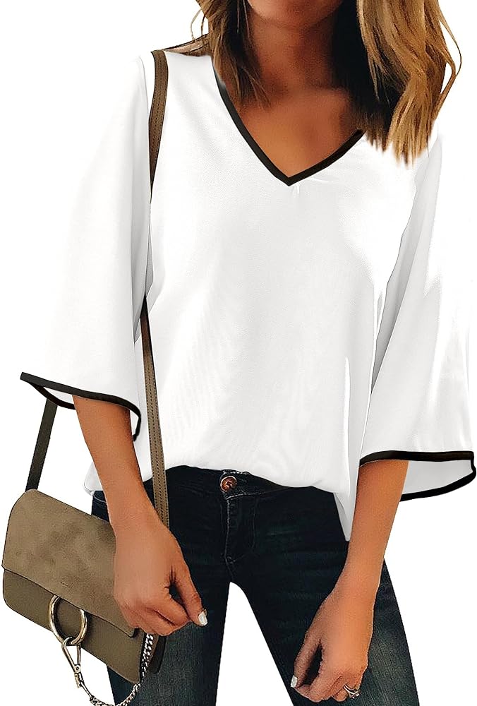 luvamia Blouses for Women Dressy Casual 3/4 Length Bell Sleeve Trendy Shirts Color Block Flowy Business Casual Work Tops