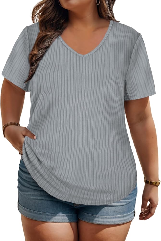 ROSRISS Womens Plus-Size Tops Short Sleeve Shirts V Neck Ribbed Casual Tunics XL-5XL