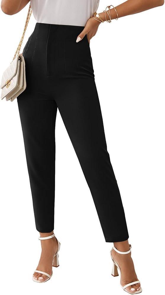 Floerns Women's Solid High Waist Tapered Pants Elegant Workwear Trousers