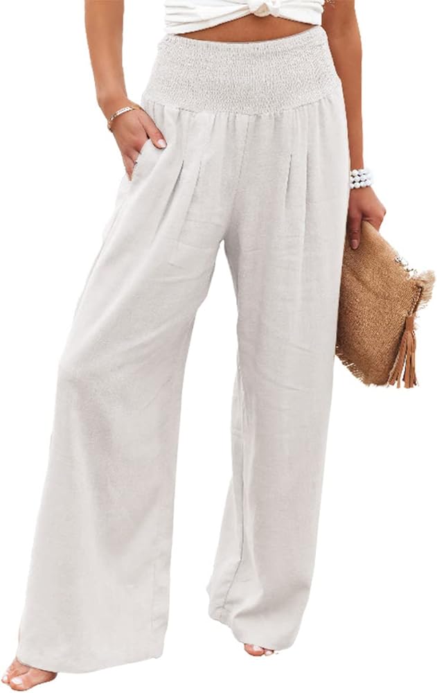 Womens Cotton Linen Pants Wide Leg High Waist Long Palazzo Trousers with Pocket