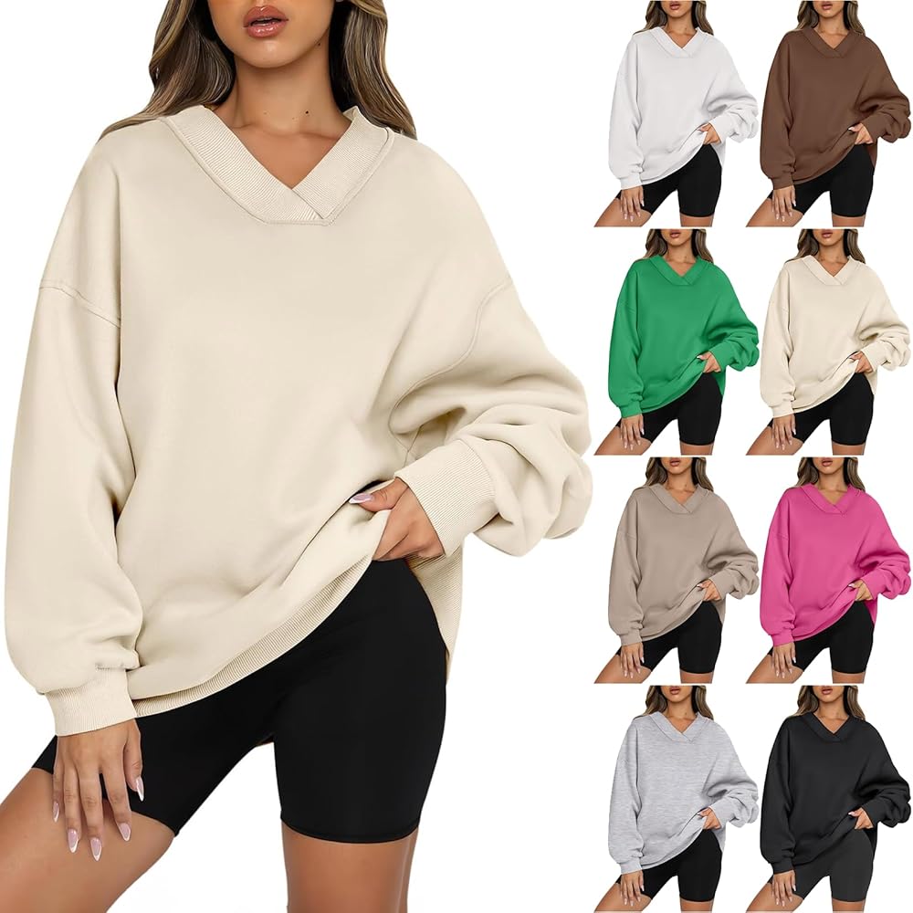 Oversized Sweatshirts for Women Loose Fit V Neck Long Sleeve Shirts Casual Comfy Fleece Pullover Fall Clothes