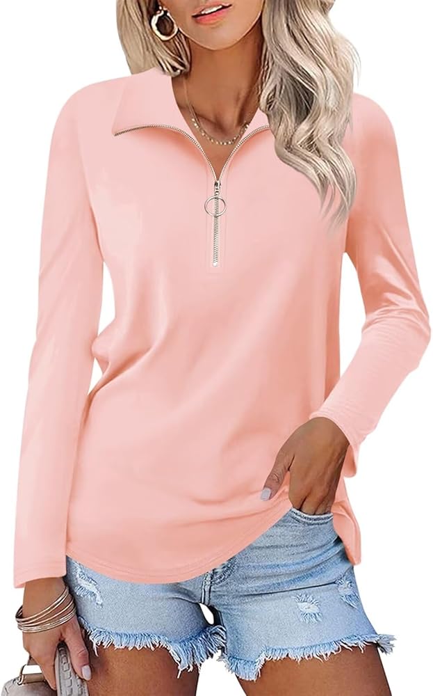 Women's Long Sleeve Shirts Quarter Zip Pullover Collared V Neck Tops Fall Blouses