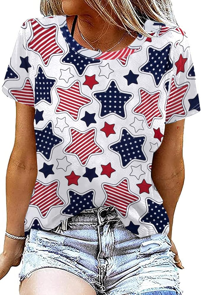 American Flag Shirt Women Retro USA Flag T-Shirt 4th of July Tee Shirts Patriotic Heart Graphic Short Sleeve Tops