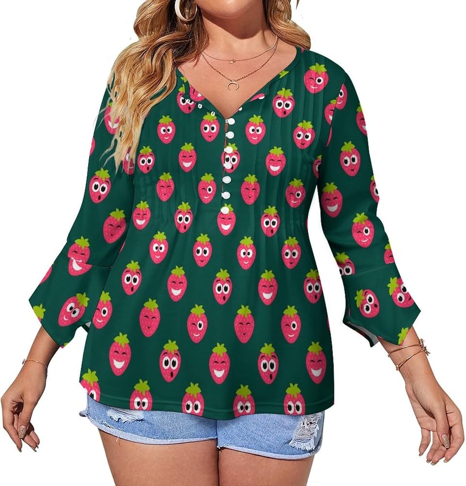 Red Strawberry Cute Faces Cute Womens T-Shirts 3/4 Sleeve Button Down Tee Tops Blouse Summer Beach