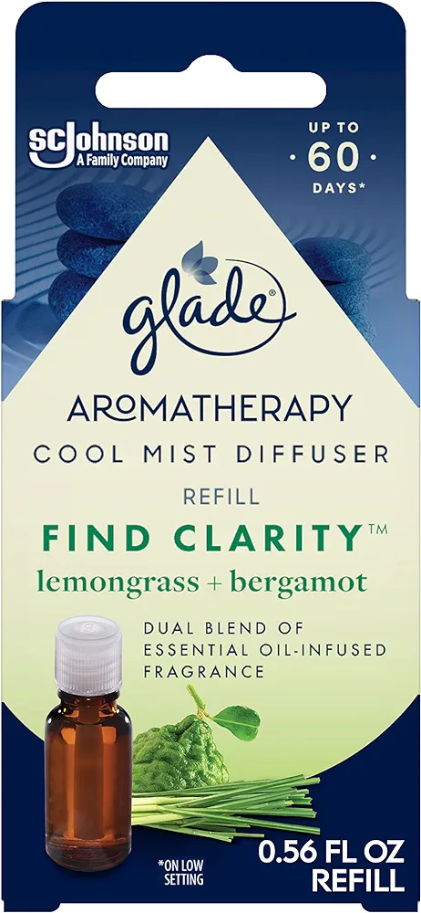 Glade Aromatherapy Cool Mist Oil Diffuser Refill, Find Clarity, Lemongrass + Bergamot, 0.56 fl oz