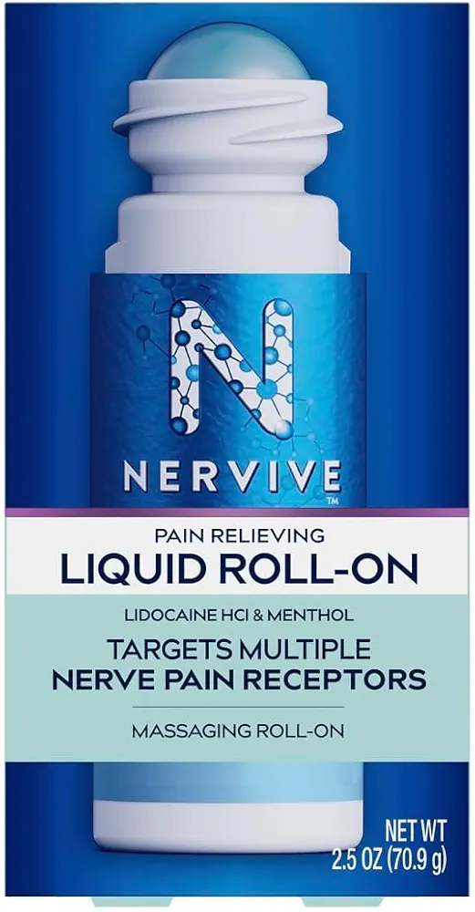 Nervive Nerve Care, Pain Relieving Roll On Liquid, Max Strength No-Mess Topical Pain Reliever with Lidocaine and Menthol for Toes, Feet, Fingers, Hands, Legs & Arms, 2.5oz