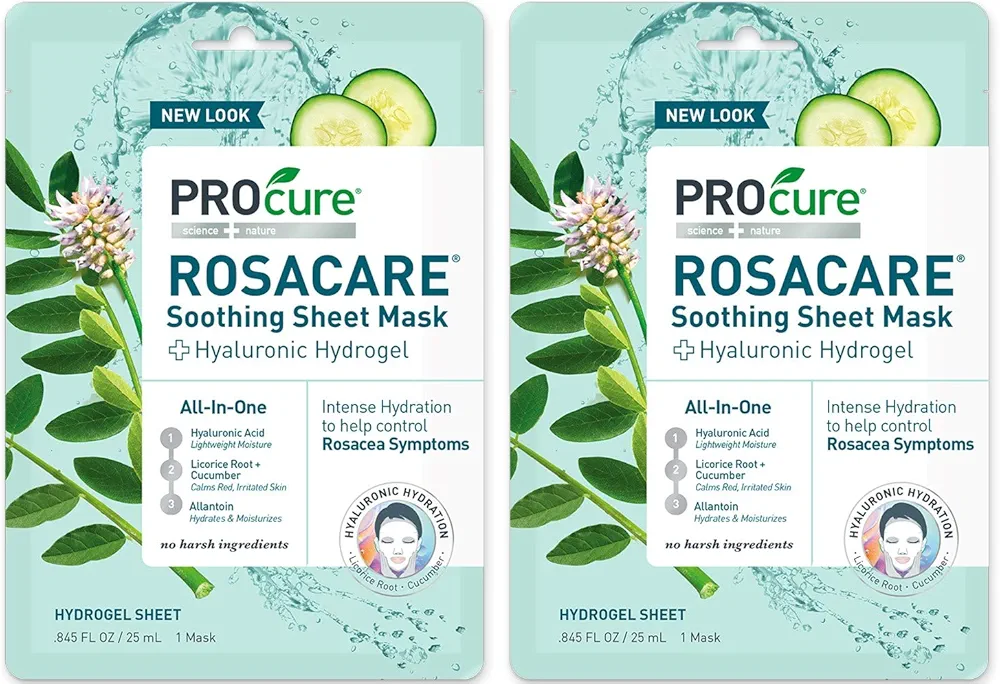 PROcure Rosacare Soothing Sheet Face Mask with Hyaluronic Hydrogel for Rosacea Symptoms, 2 Masks