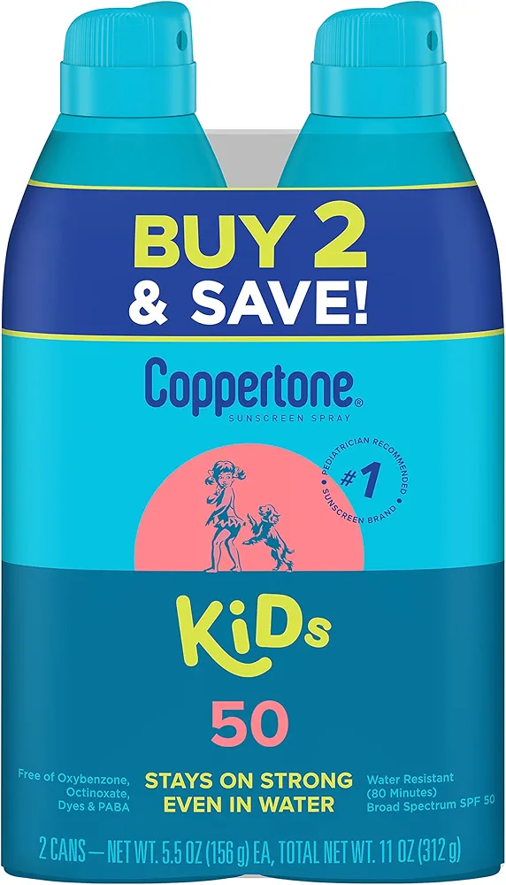 Coppertone Sunscreen Spray SPF 50, Broad Spectrum, Water Resistant for Kids, #1 Pediatrician Recommended Brand, 5.5 Ounce (Pack of 2)