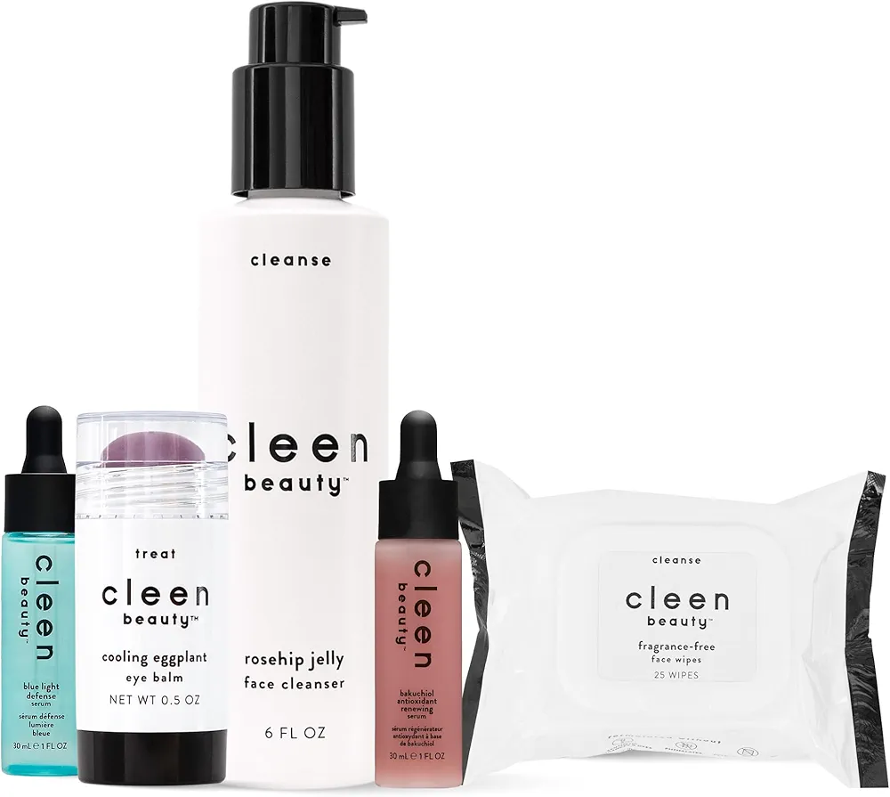 Cleen Beauty Everyday Essentials Skin Care Set | Blue Light Defense Serum + Cooling Eggplant Eye Balm + Rosehip Jelly Face Cleanser + Fragrance Free Face Wipes + Bakuchiol Antioxidant Renewing Serum