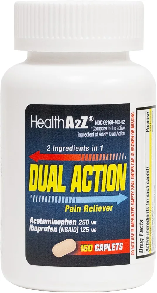 HealthA2Z® Dual Action Pain Relief | 150 Caplets | Acetaminophen 250mg & Ibuprofen (NSAID) 125mg | Contains Two Medicines | Relief from Headache, Fever & Backache