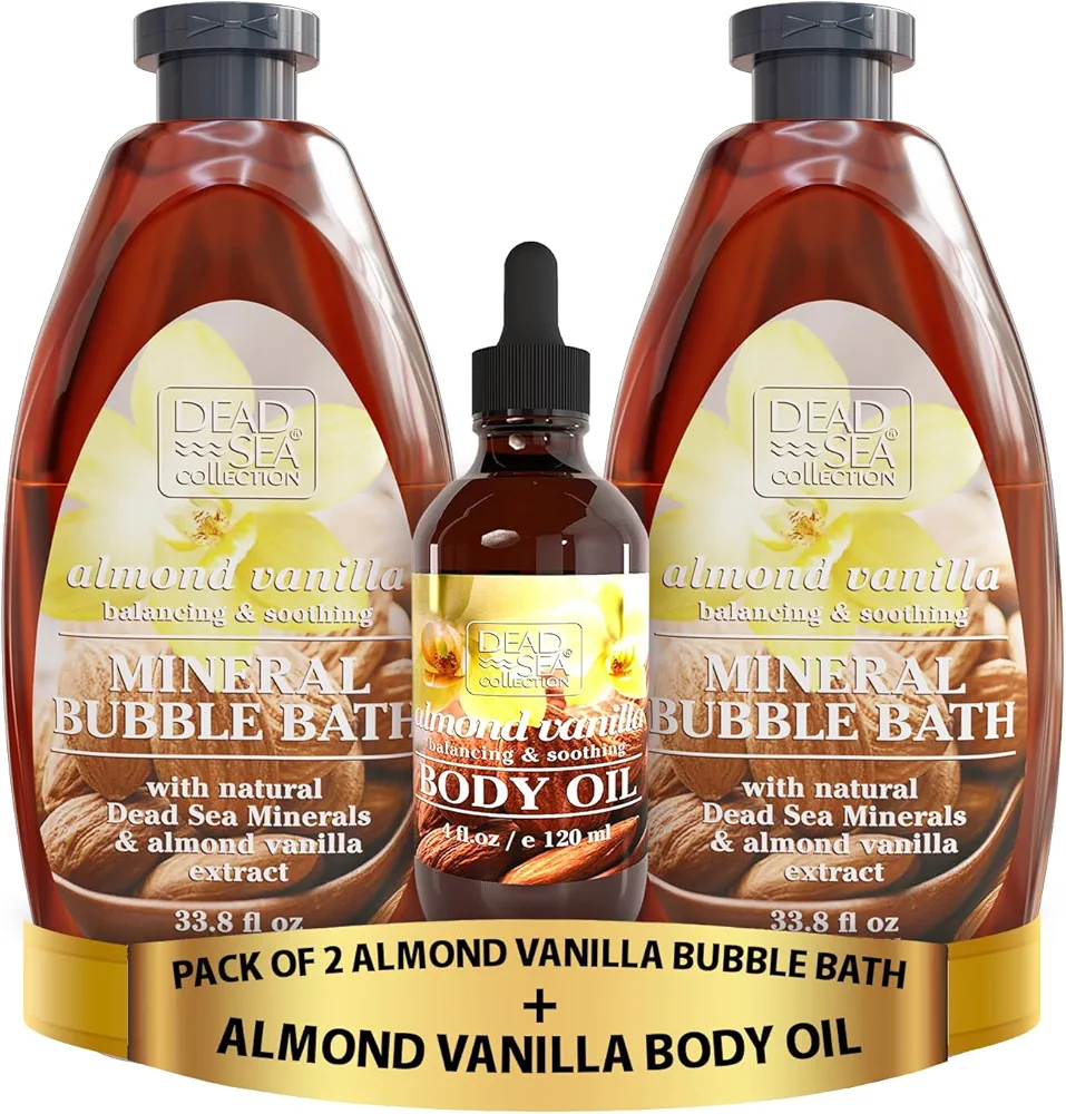 Dead Sea Collection Almond Vanilla Bubble Bath for Women and Men with Dead Sea Salt - Pack of 2 (67.6 fl.oz) and Body Oil for Dry Skin - Almond Vanilla & Vitamin E, A, D - (4 fl.oz) - Bundle