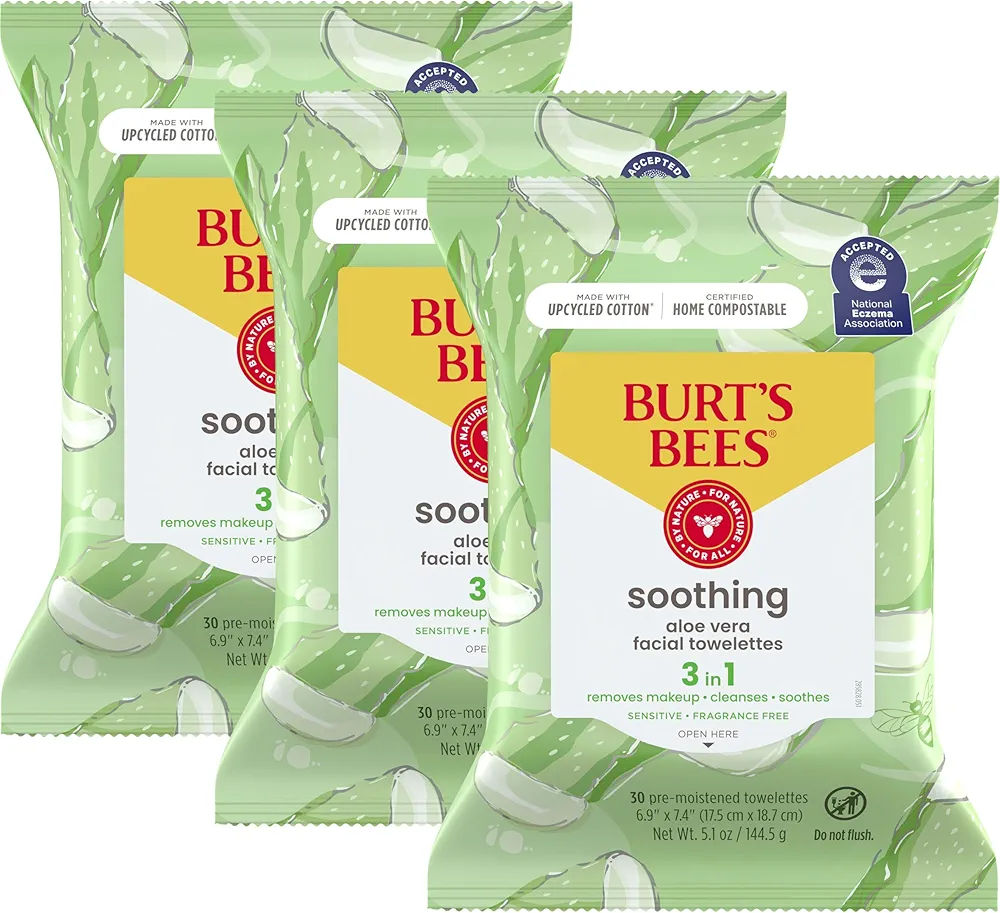 Burt's Bees Aloe Vera Face Wipes, for Sensitive Skin, Soothing Makeup Remover & Facial Cleansing Towelettes, 30 Ct. (3-Pack)