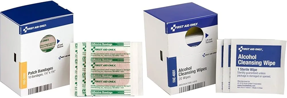 First Aid Only Patch Bandages, 10 Count & Alcohol Cleansing Pads, 20 Count SmartCompliance First Aid Cabinet Refills