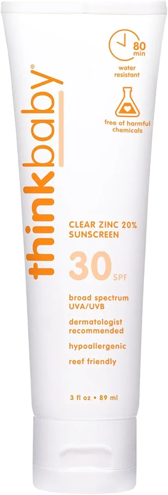 Thinkbaby Mineral Sunscreen, SPF 30 Clear Zinc Oxide Baby Sunscreen, 3 Fl Oz, Natural, Water Resistant Reef Safe Sunscreen, Broad Spectrum UVA/UVB Sun Screen for Sun Protection, Travel Size