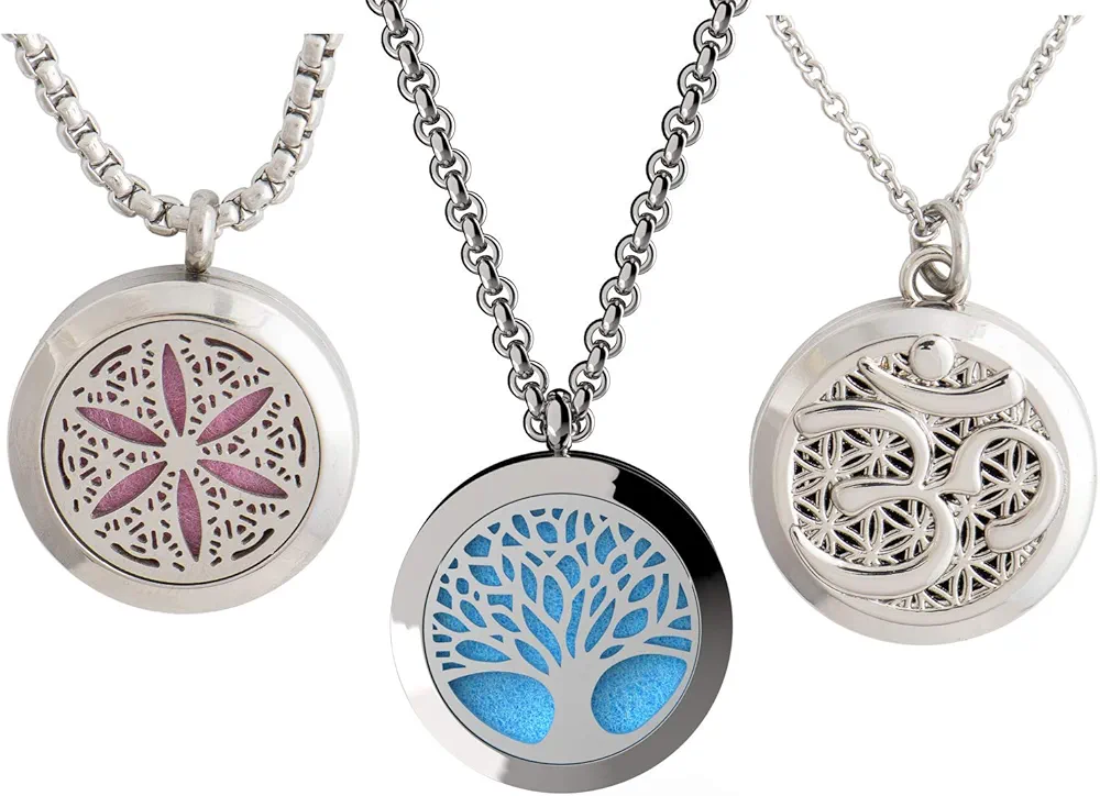 Wild Essentials 3 Necklace Set, Tree of Life, Flower of Life, Aum (OM) Essential Oil Diffuser Necklace Stainless Steel Locket Pendants with 24 inch Chains, 36 Refill Pads, Color Changing Jewelry