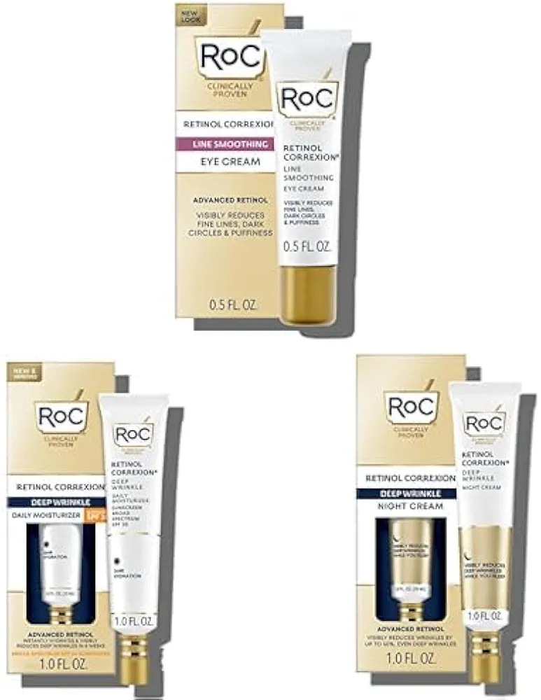 RoC Retinol Correxion Bundle: Under Eye Cream, 0.5 oz + Deep Wrinkle Daily Face Moisturizer with Sunscreen SPF 30, 1oz + Deep Wrinkle Anti-Aging Night Cream, 1oz