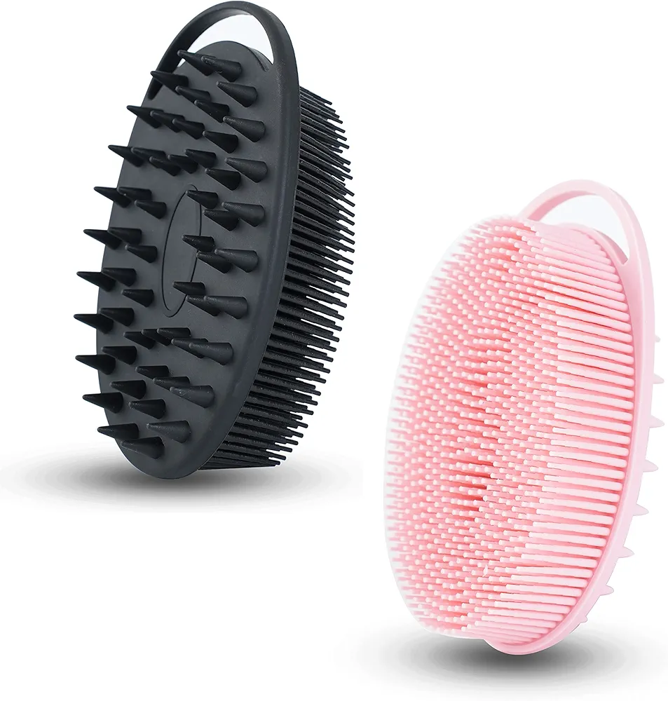 2 PC Silicone Exfoliating Body Scrubber, 2 in 1 Silicone Body Shampoo Brush, Soft Silicone Loofah for Sensitive Skin, Shower Silicone Hair Scalp Massager, Easy to Clean, Lather Well (Black&Pink)