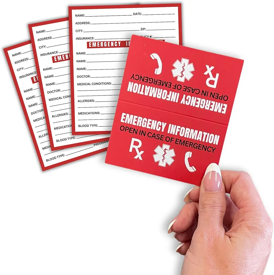 Emergency Info ICE Folded Wallet Card | 10 pk 2x3.5” Medication, Blood Type Identification Card, Contacts, Doctor, Allergies in Case of Emergency Bulk Medical ID