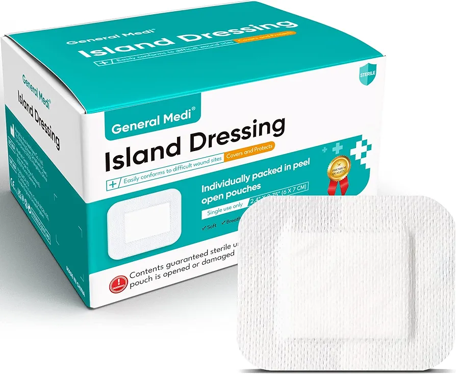 General Medi Sterile Island Dressing Bordered Gauze – 100 Count, 2.4" x 2.75" Gauze Pads, Wound Care Pad with Adhesive Border - Sterile, Soft & Highly Absorbent Medical Grade Dressing Pad