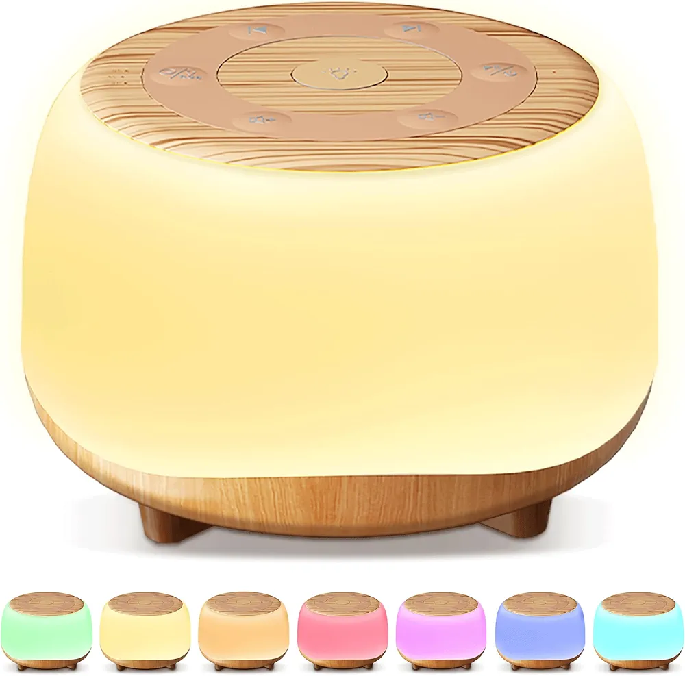 White Noise Sound Machine with 8 Colors Night Light 34 Soothing Sounds, Portable Sound Machine for Baby Adults Kids Sleep with 30 Volume Levels 4 Timers Adjustable Brightness (Wood grain)