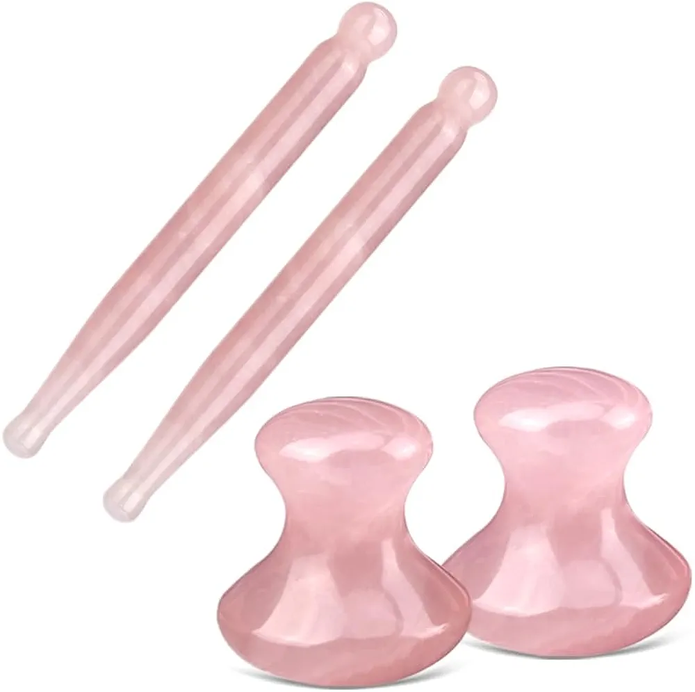 Rose Quartz Pen 2pcs & 2pcs Mushroom Gua Sha for Traditional Acupuncture Therapys