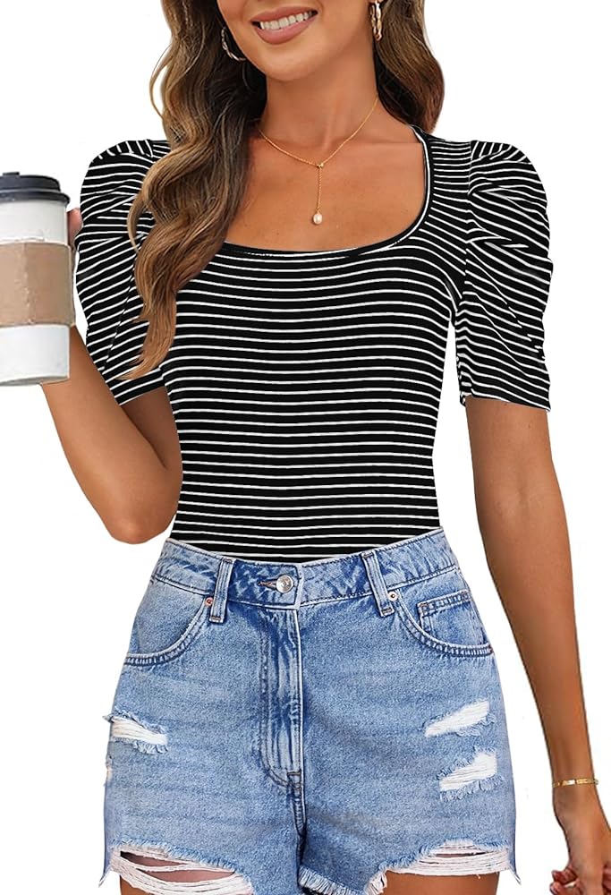 MEROKEETY Women's Summer Short Puff Sleeve Tops Stripe Square Neck Fitted Casual Tee Shirts Blouse