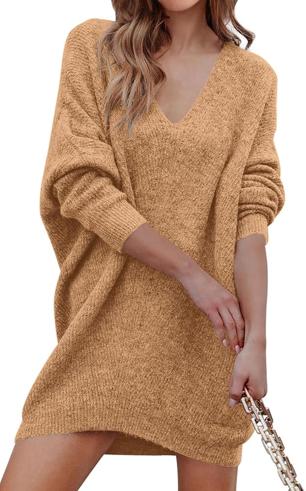 PRETTYGARDEN Women's Pullover Sweater Dress Casual Long Sleeve Ribbed Knit V Neck Loose Oversized Sweaters Dresses